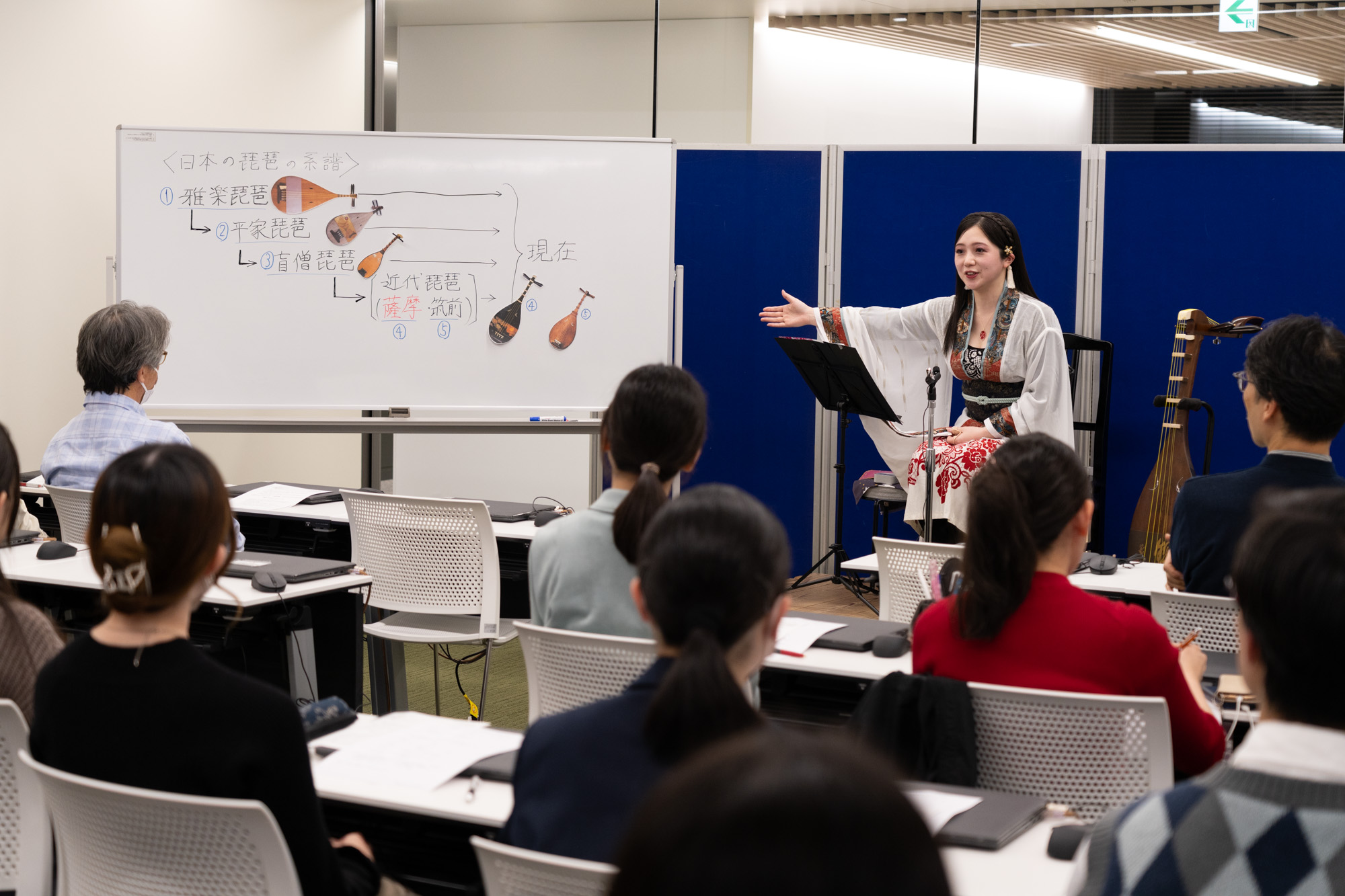 和装の琵琶奏者が左手に琵琶を持ち、右手でホワイトボードを示している。ホワイトボードには大小さまざまなサイズの琵琶の写真がくりぬかれ、貼られており、その横に黒いマジックで説明が書かれている。